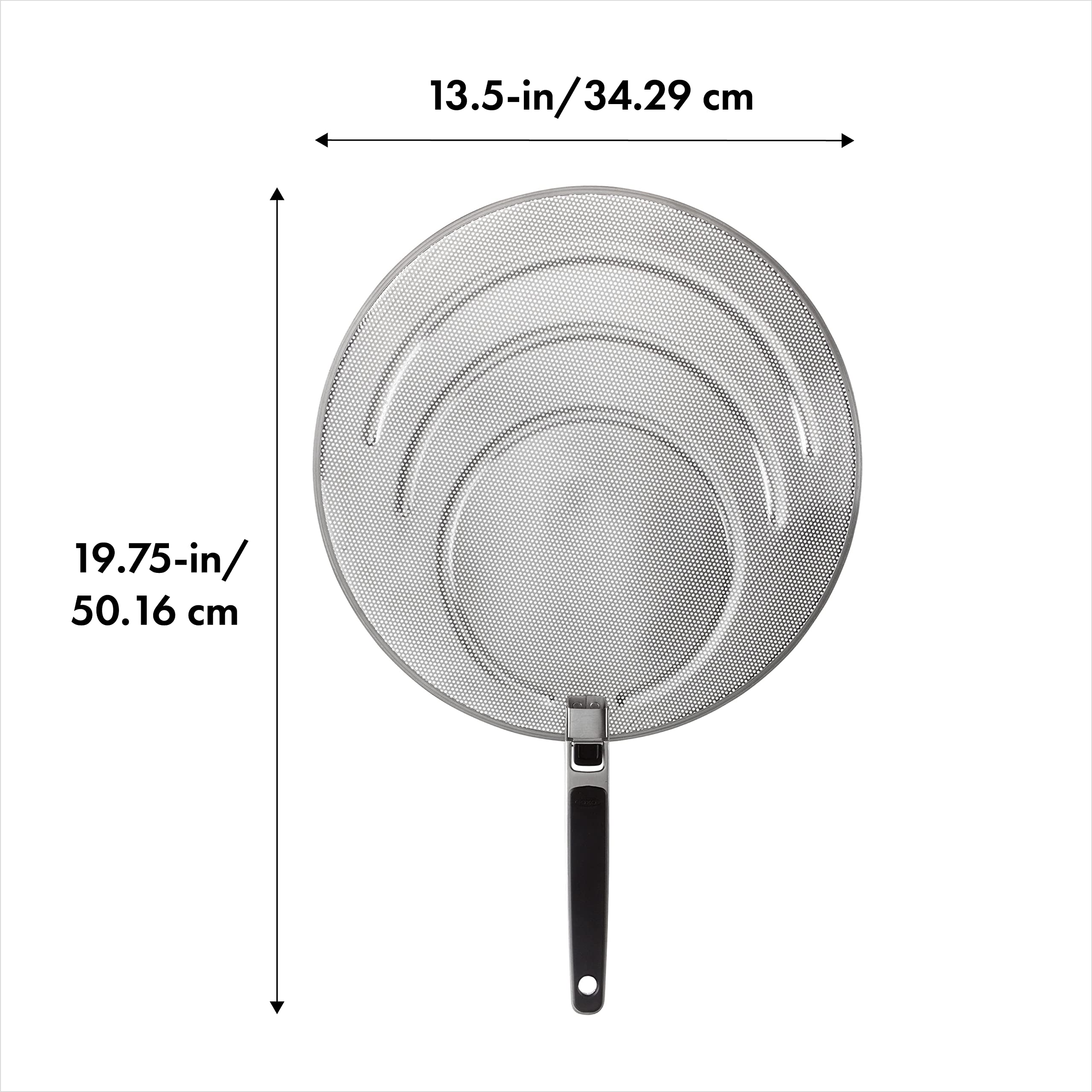 OXO Good Grips splatter screen with folding handle stores flat after cooking.
