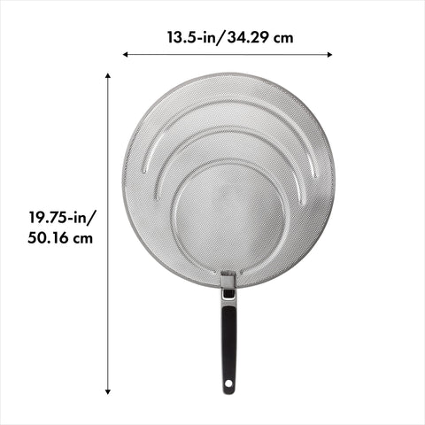 OXO Good Grips splatter screen with folding handle stores flat after cooking.