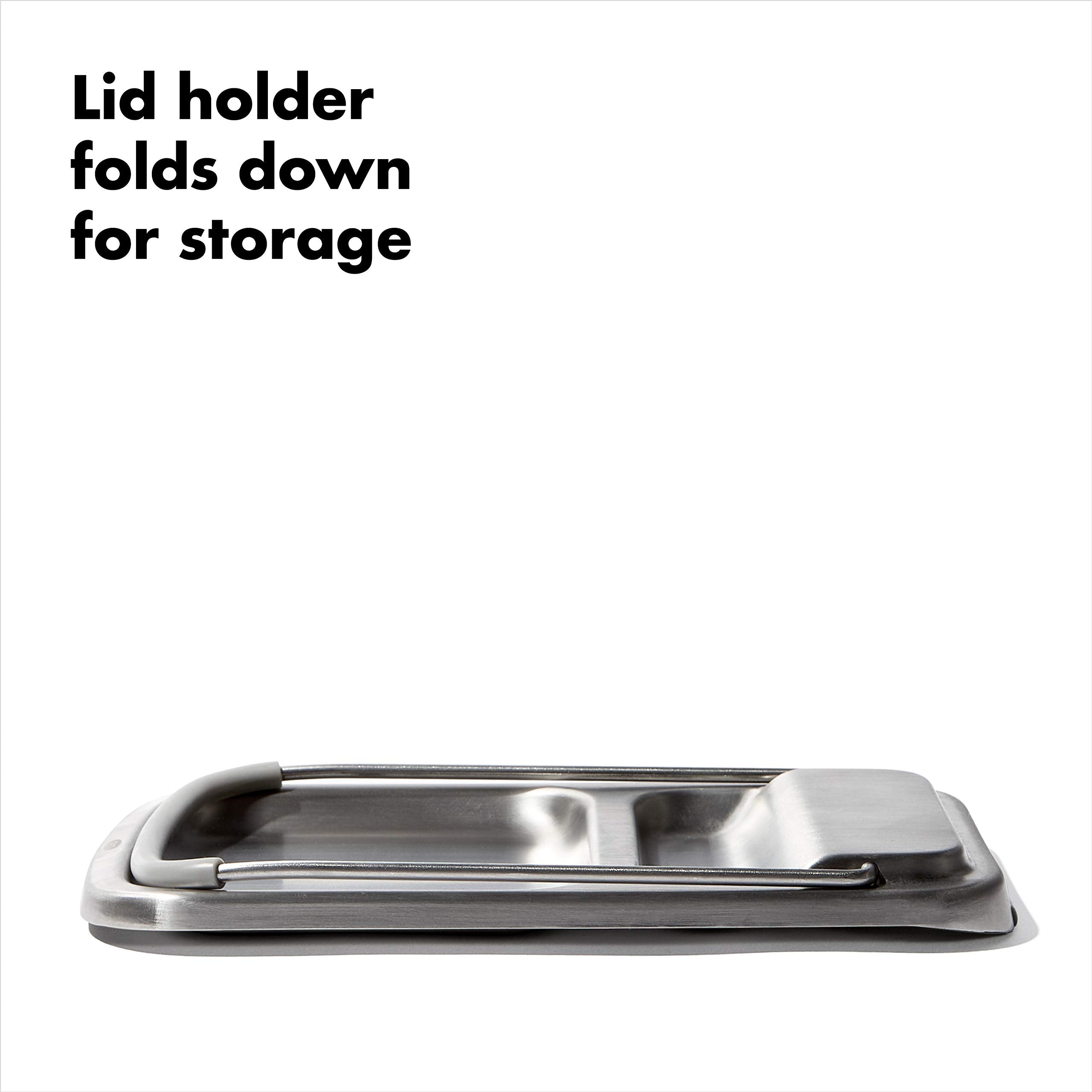 Lid holder folds for compact storage when lids are not in use.