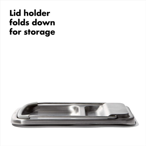 Lid holder folds for compact storage when lids are not in use.