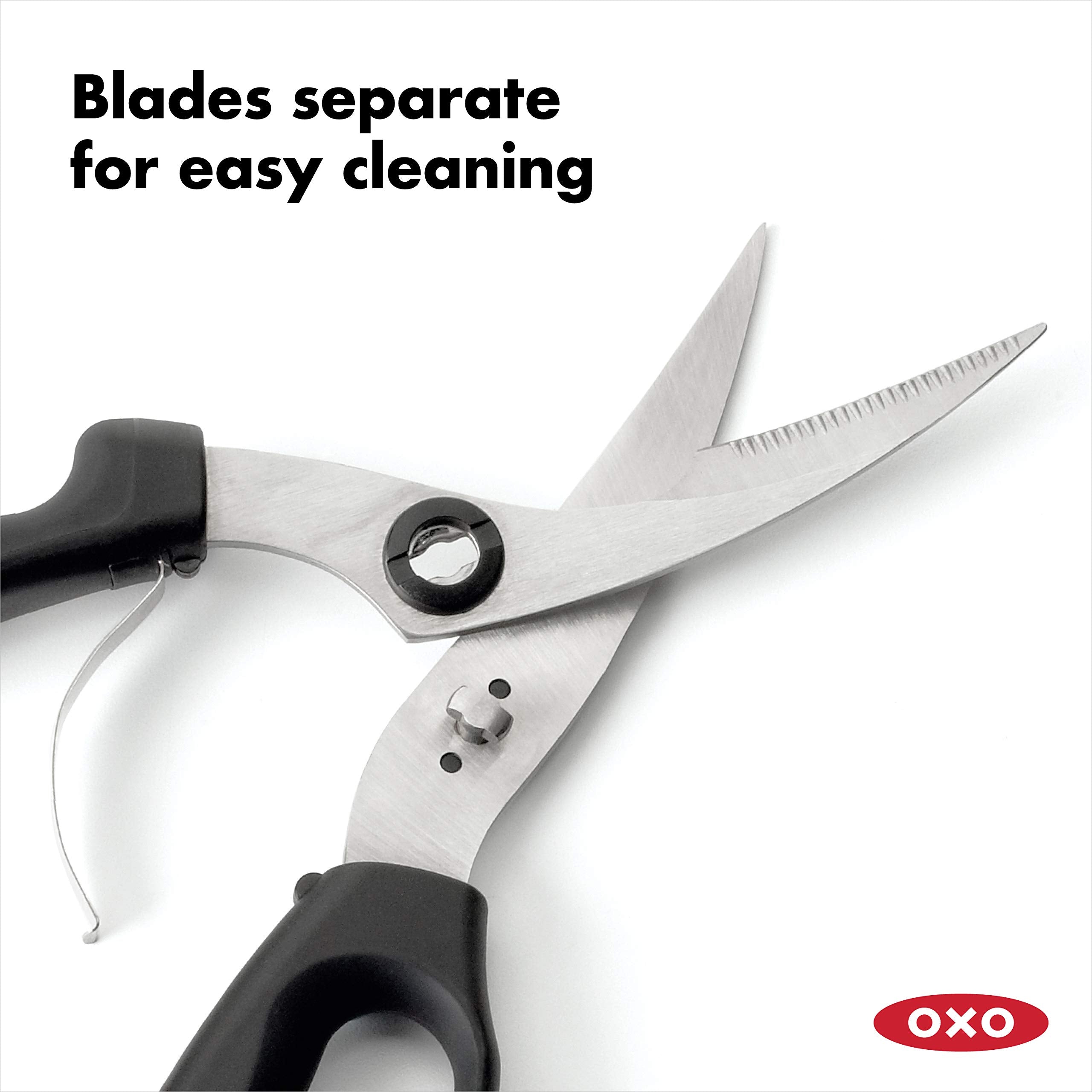 OXO Good Grips poultry shears blades open for wide cutting access