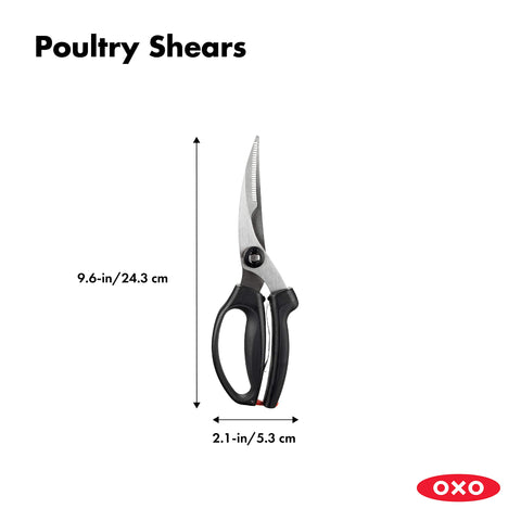 OXO Good Grips poultry shears bone notch engaged for secure cutting