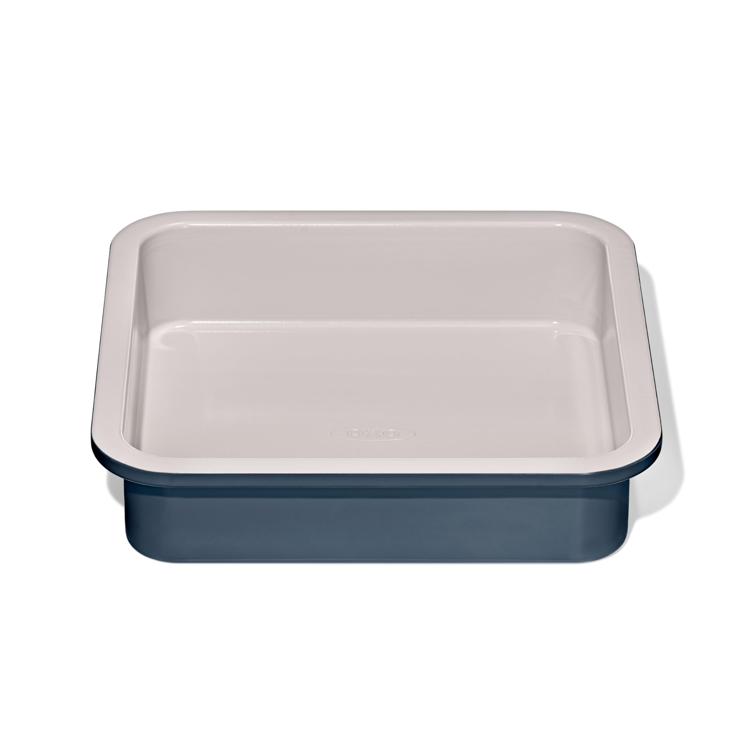 OXO Good Grips square cake pan storm blue, top view highlighting even browning.