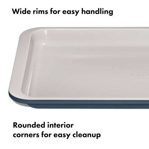 OXO Good Grips square-rolled edge pan highlighting structural strength and durability.