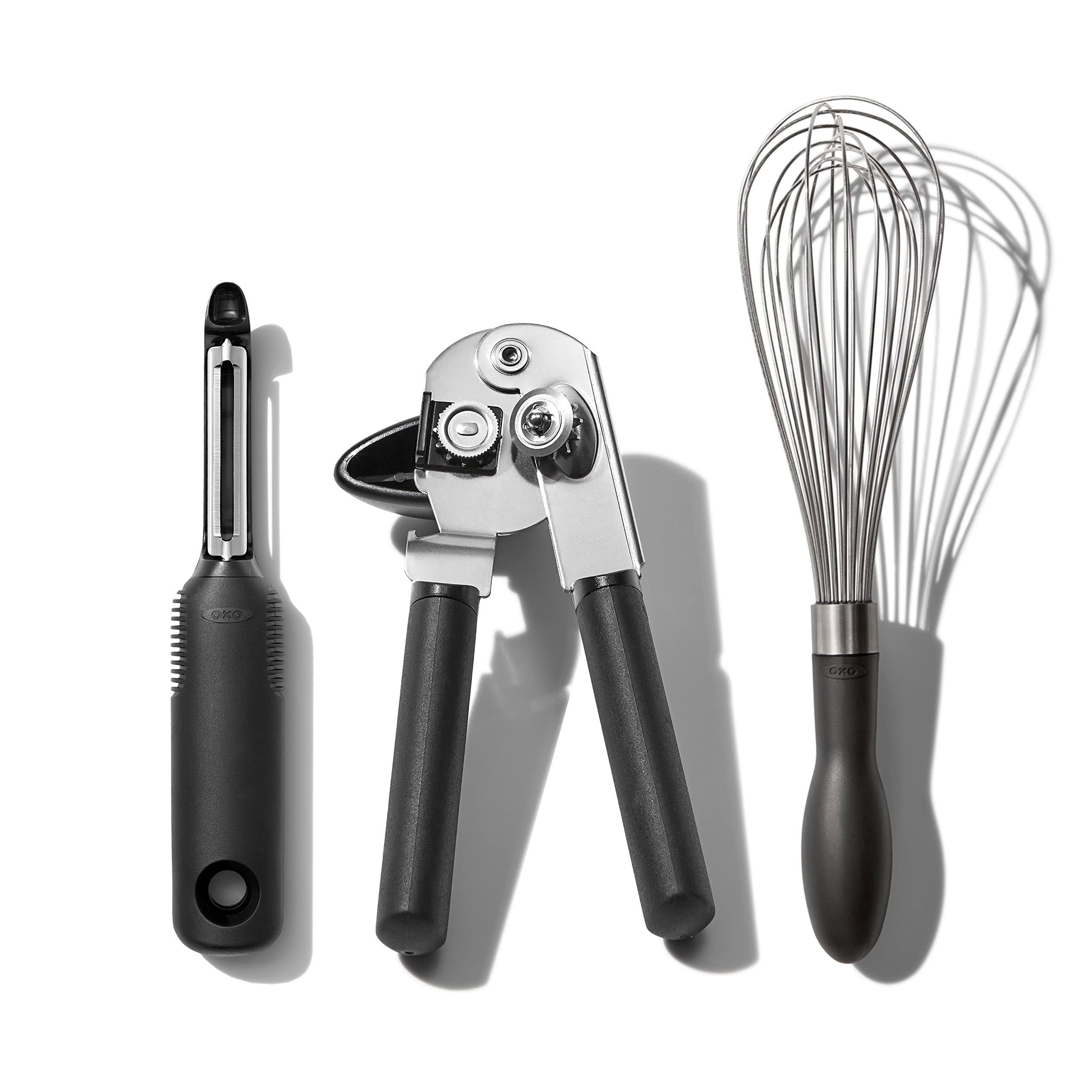 OXO Good Grips Stainless 3-Piece Set on counter with ergonomic non-slip handles for everyday meal prep.