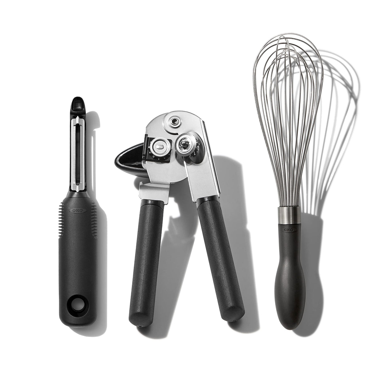 OXO Good Grips Stainless 3-Piece Set on counter with ergonomic non-slip handles for everyday meal prep.