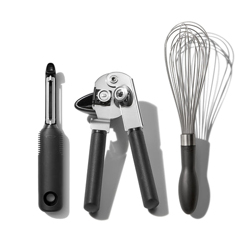 OXO Good Grips Stainless 3-Piece Set on counter with ergonomic non-slip handles for everyday meal prep.