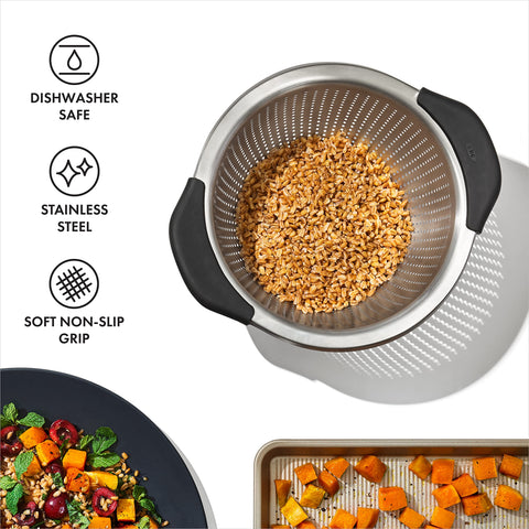 OXO Good Grips 3-qt colander designed for compact storage with bowls.