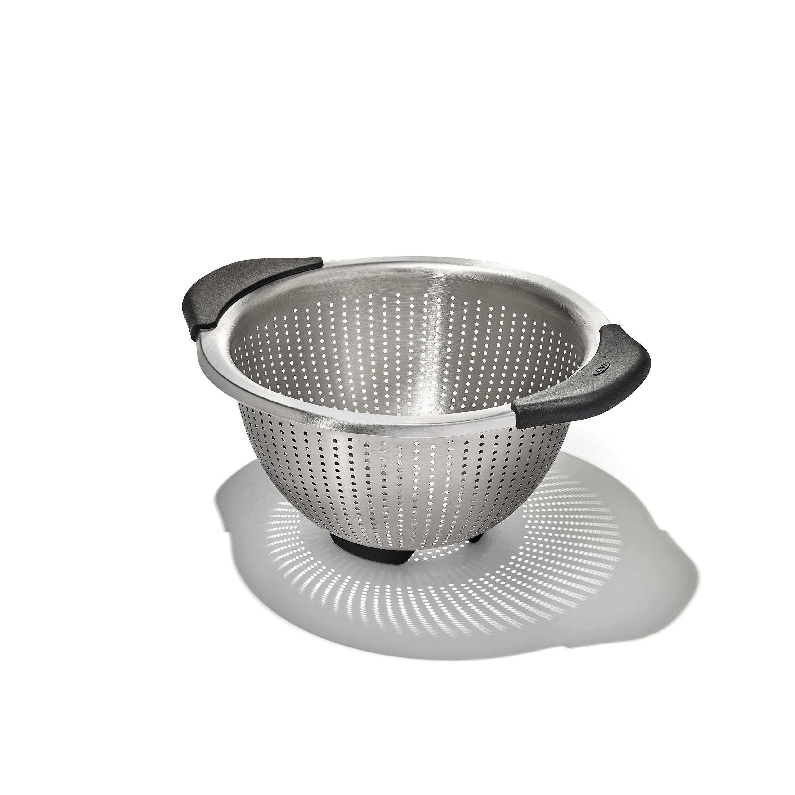 OXO Good Grips 3-qt colander with elevated handles for secure draining.