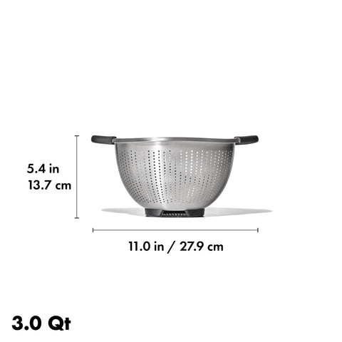 OXO Good Grips 3-qt colander in use to rinse pasta and vegetables.