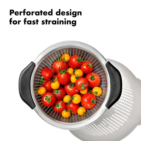 OXO Good Grips 3-qt colander nests with mixing bowls for easy storage.