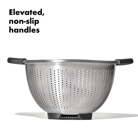 OXO Good Grips colander showing perforated design for fast straining.