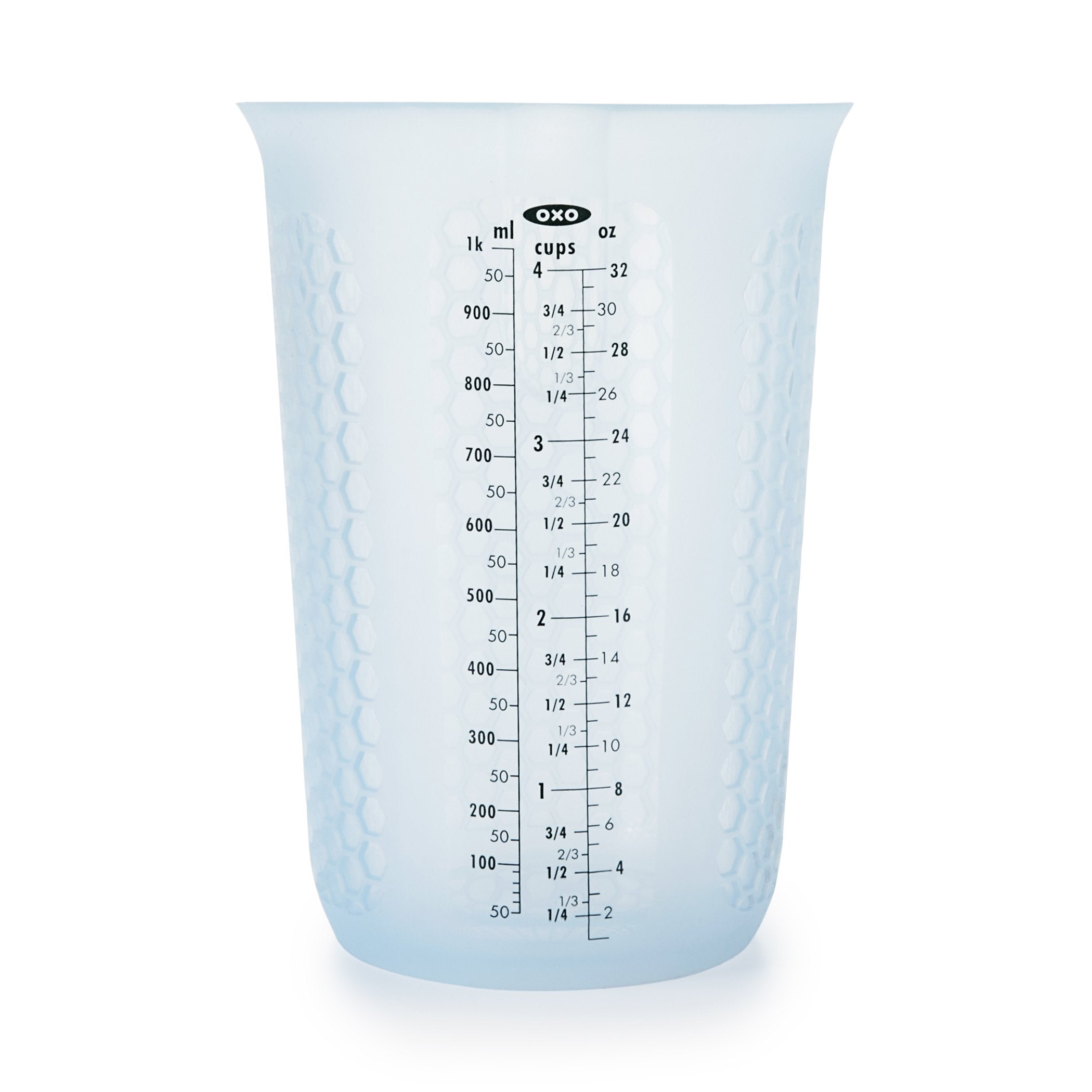 OXO Good Grips 4-cup silicone cup with stay-cool pattern for safe handling.