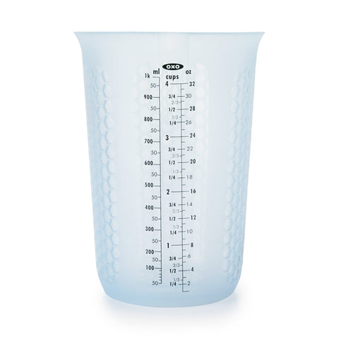 OXO Good Grips 4-cup silicone cup with stay-cool pattern for safe handling.