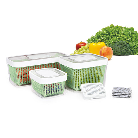 OXO Good Grips 1.6 qt container fits berries and grapes for compact storage.
