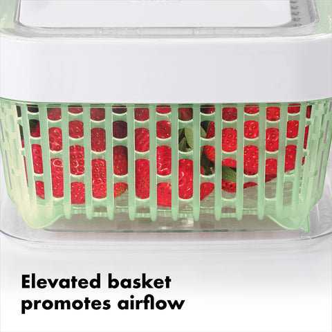 OXO Good Grips container with elevated basket improves airflow for produce.
