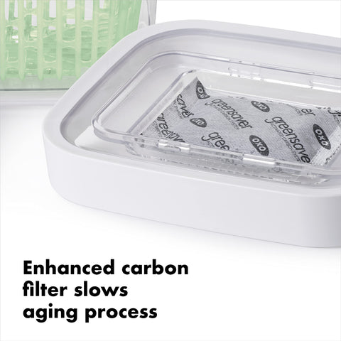 OXO Good Grips vent adjustment demonstrates humidity control for fresh produce.