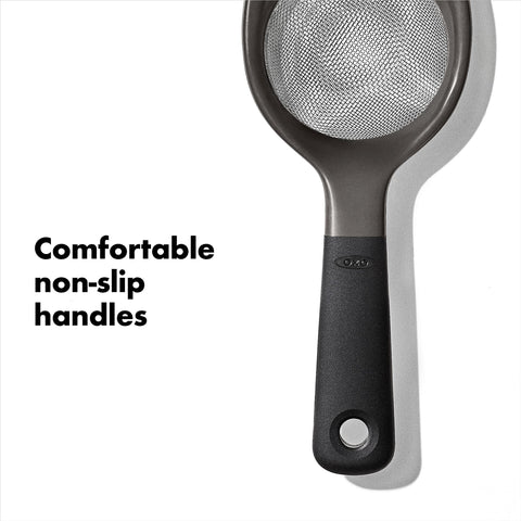 Wide-rim design on an OXO Good Grips strainer for stable use over pots.