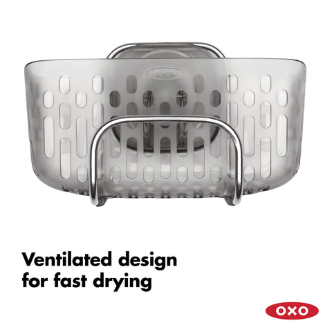 OXO Good Grips StrongHold removable holder frees sink space during washing.