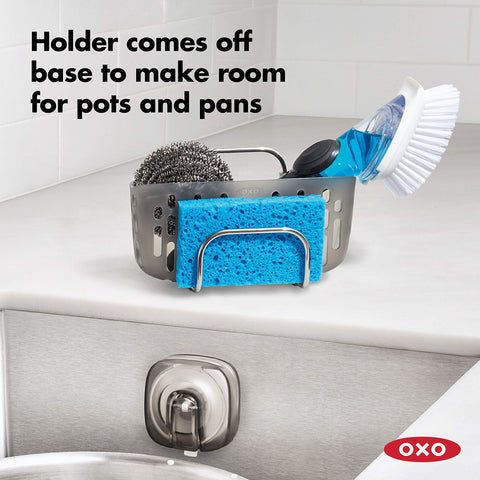 OXO Good Grips StrongHold suction base activated by lever for secure, clutter-free sink space.