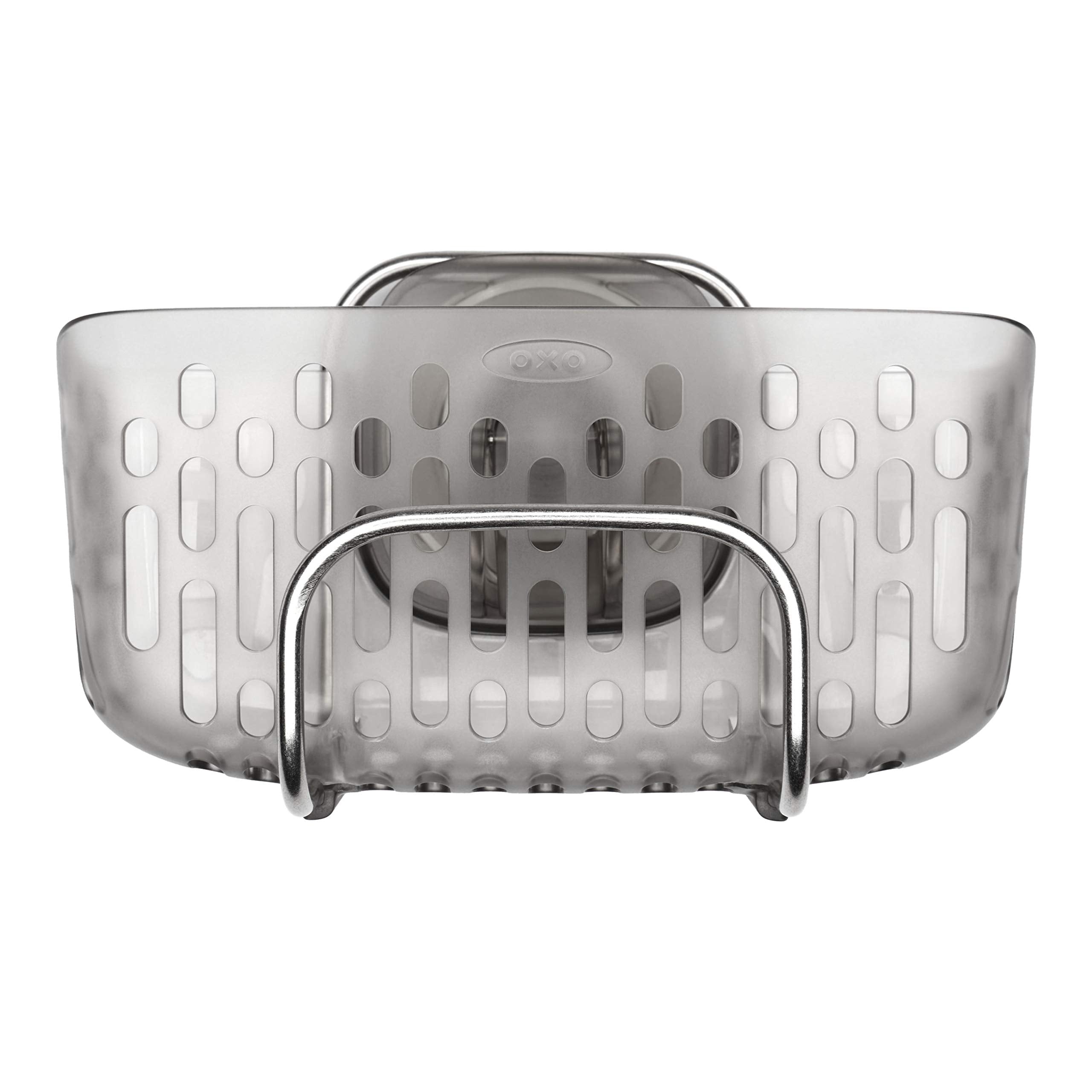 OXO Good Grips StrongHold suction sink caddy in gray holding oversized sponges.