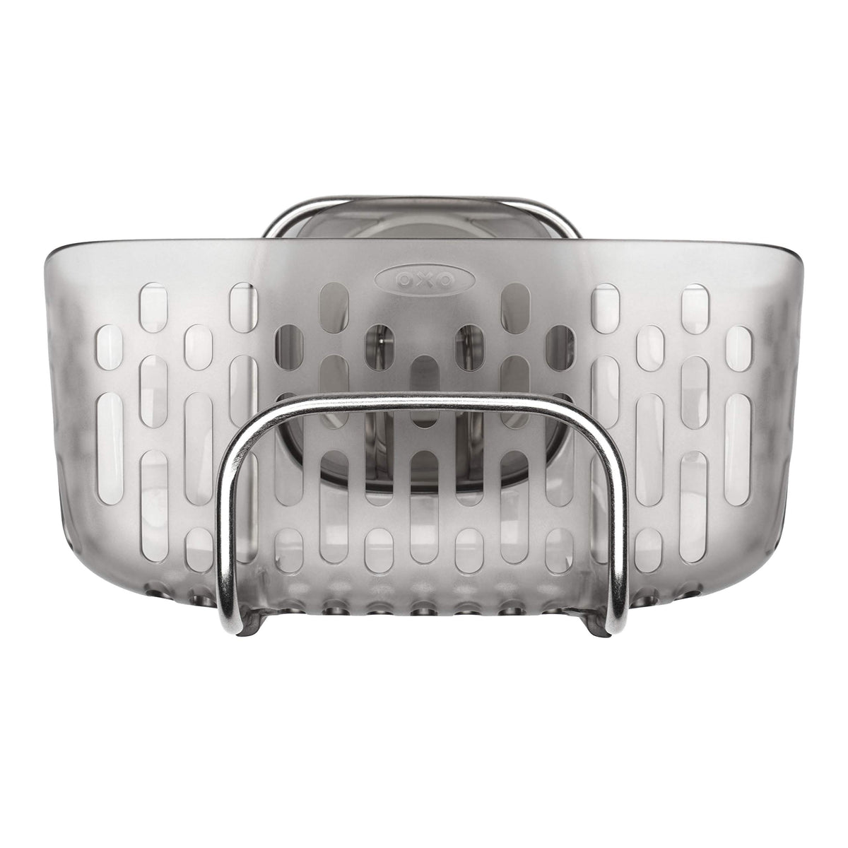 OXO Good Grips StrongHold suction sink caddy in gray holding oversized sponges.