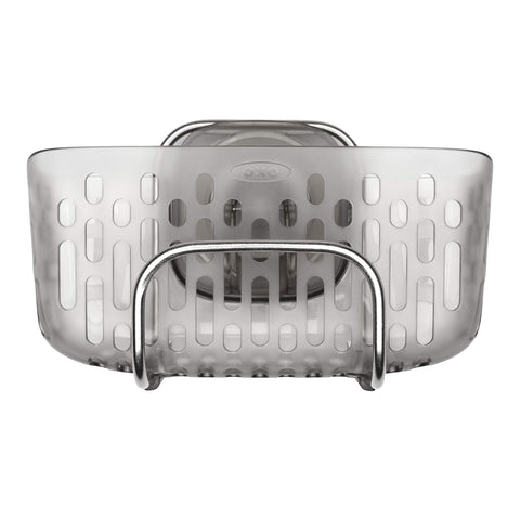 OXO Good Grips StrongHold suction sink caddy in gray holding oversized sponges.