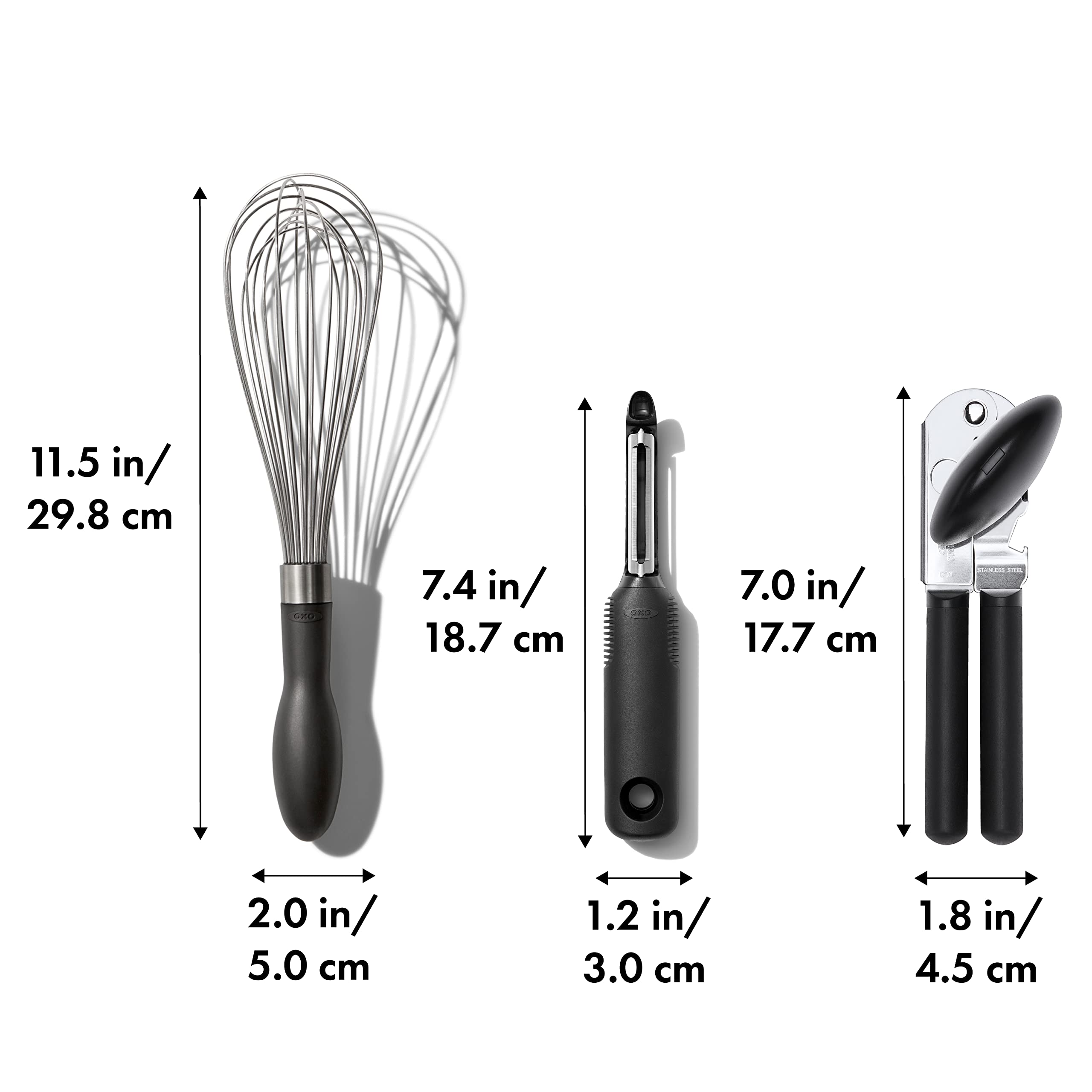 OXO Good Grips Swivel Peeler close-up showing Japanese stainless blade for precise peeling.
