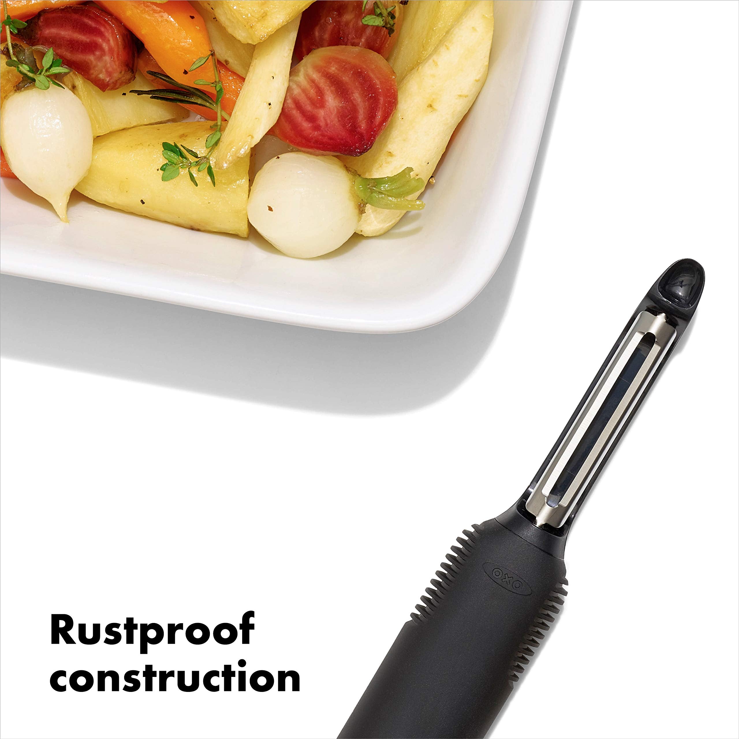 OXO Good Grips Swivel Peeler with built-in eye remover quickly trims blemishes.