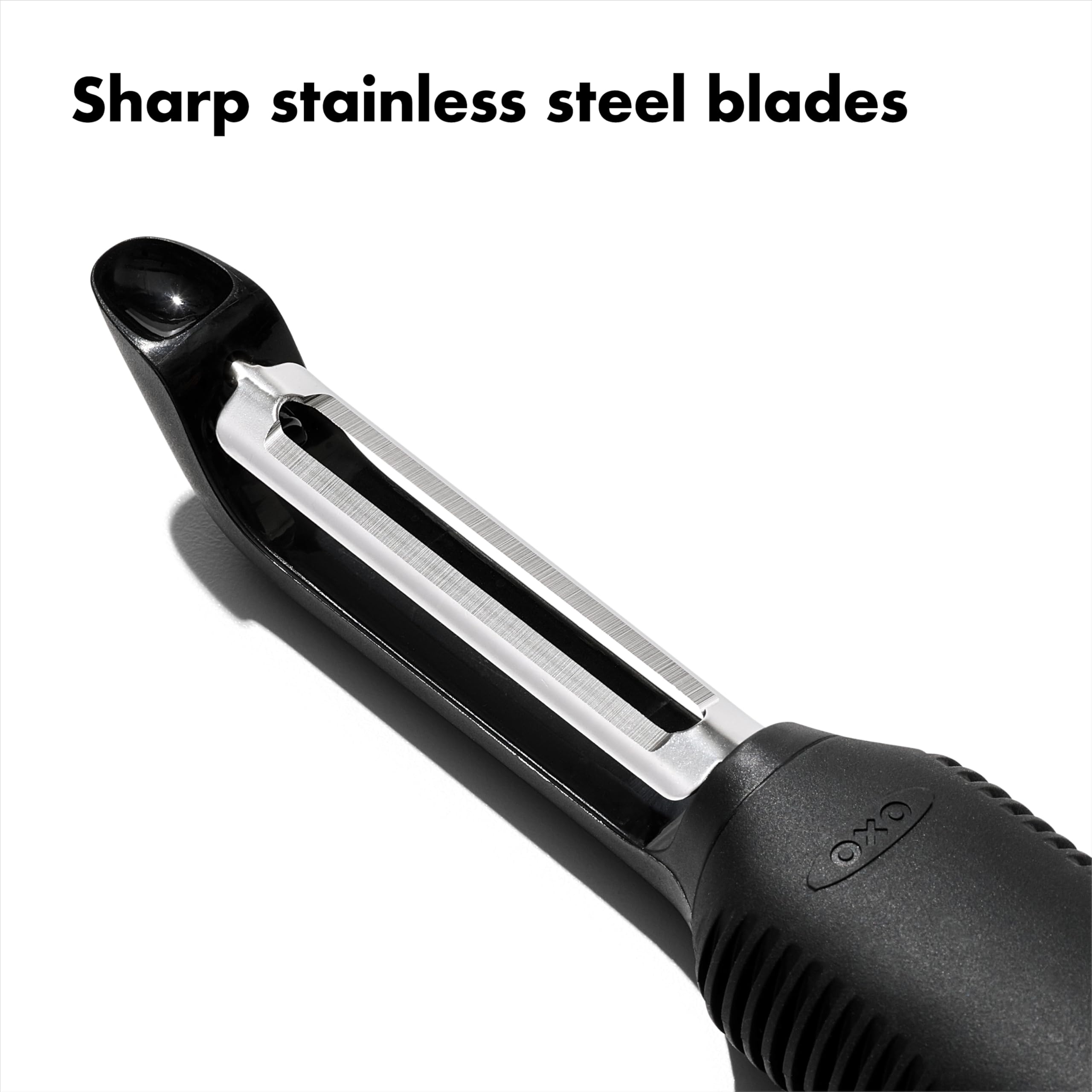 OXO Good Grips Swivel Peeler's soft, non-slip handle ensures comfortable grips even wet.