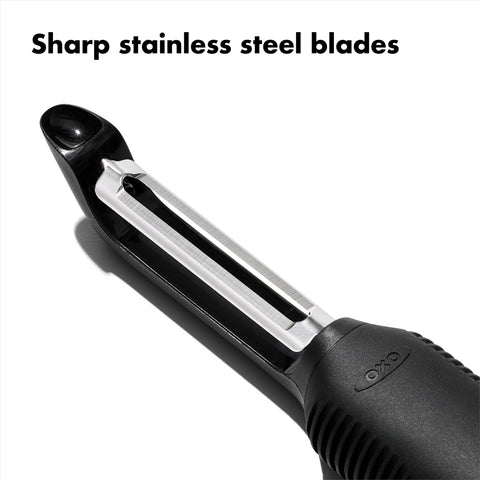 OXO Good Grips Swivel Peeler's soft, non-slip handle ensures comfortable grips even wet.