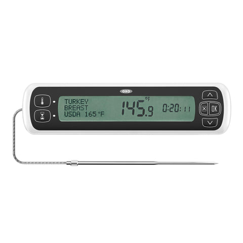 OXO Good Grips thermometer with probe in meat for precise cooking