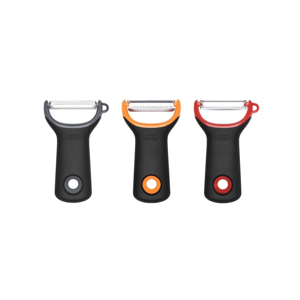 OXO Good Grips straight peeler showing sharp rustproof blade for precise peeling.
