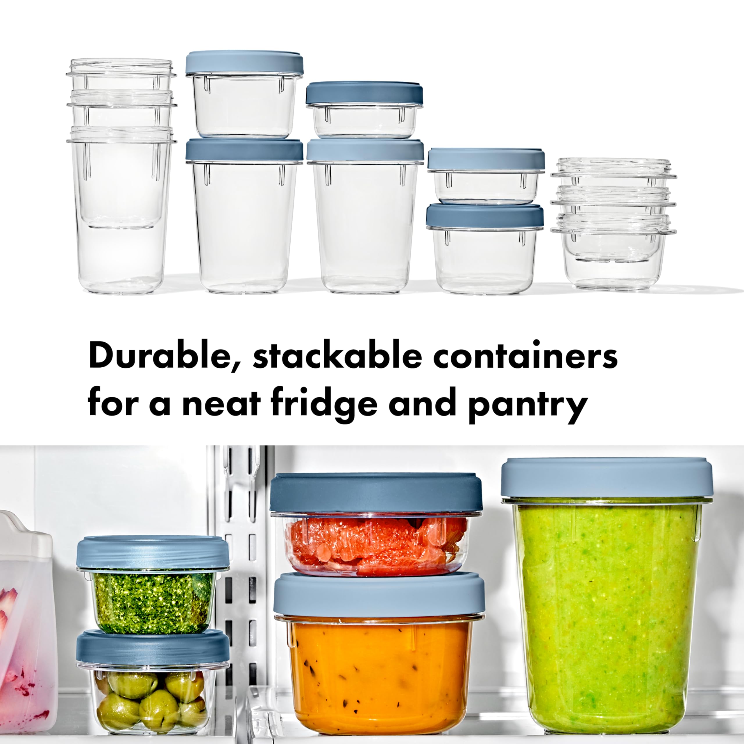 OXO Good Grips Twist & Stack lids stack neatly for quick pairing.