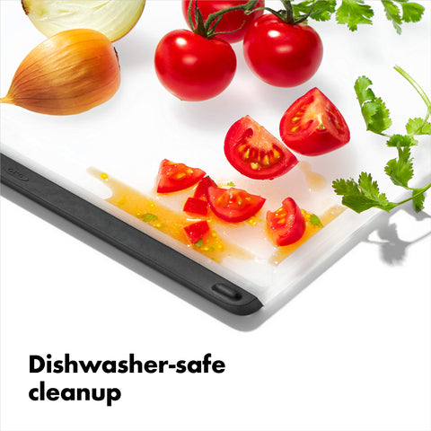 OXO Good Grips Cutting Board non-porous surface resists odors for fresh prep sessions.