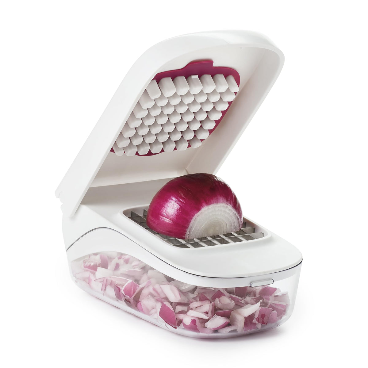 OXO Good Grips vegetable chopper with stainless steel blades for quick, even chopping.