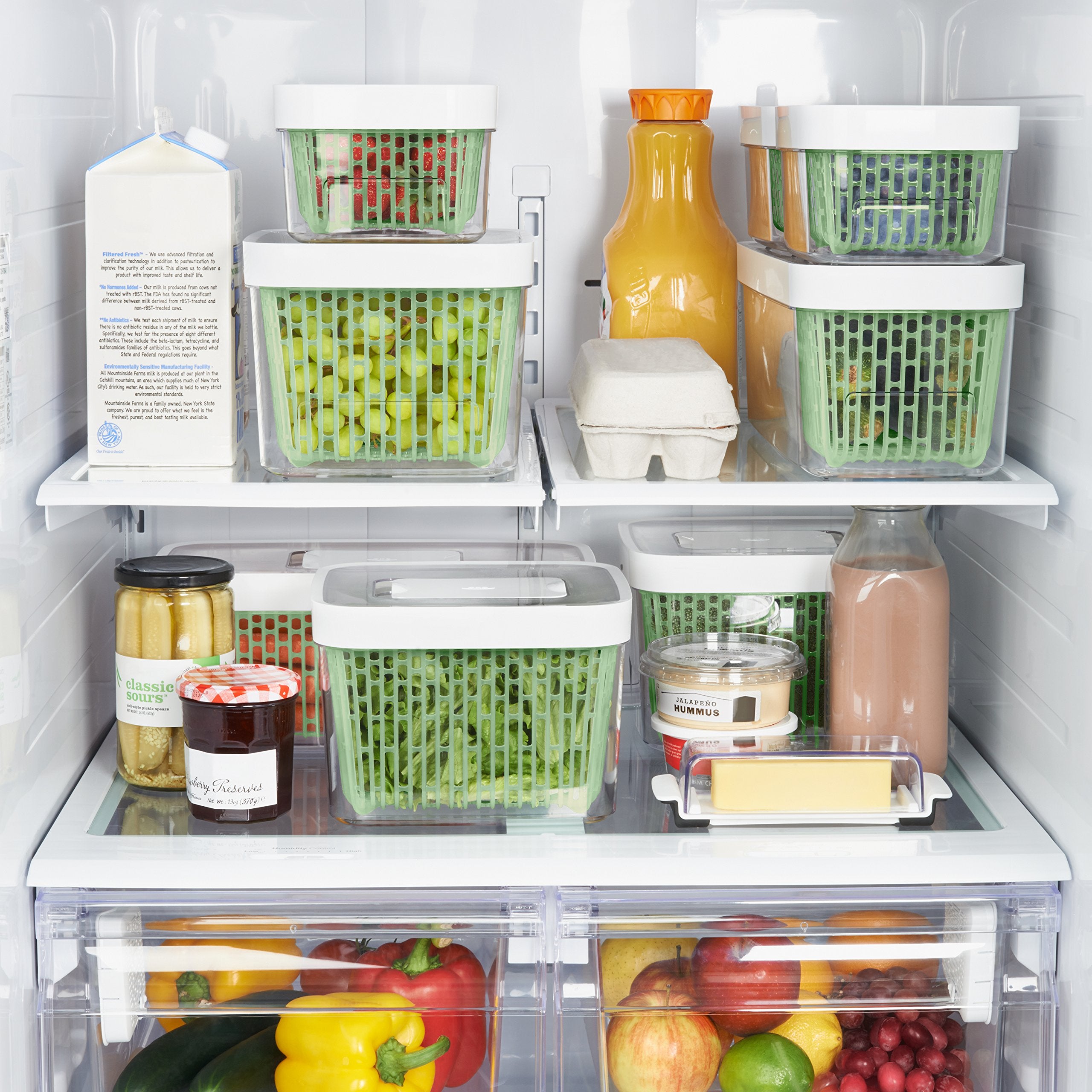 OXO GreenSaver Produce Keeper label indicating dishwasher-safe and BPA-free