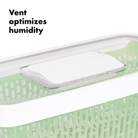 OXO GreenSaver Produce Keeper humidity guide on lid for different produce needs