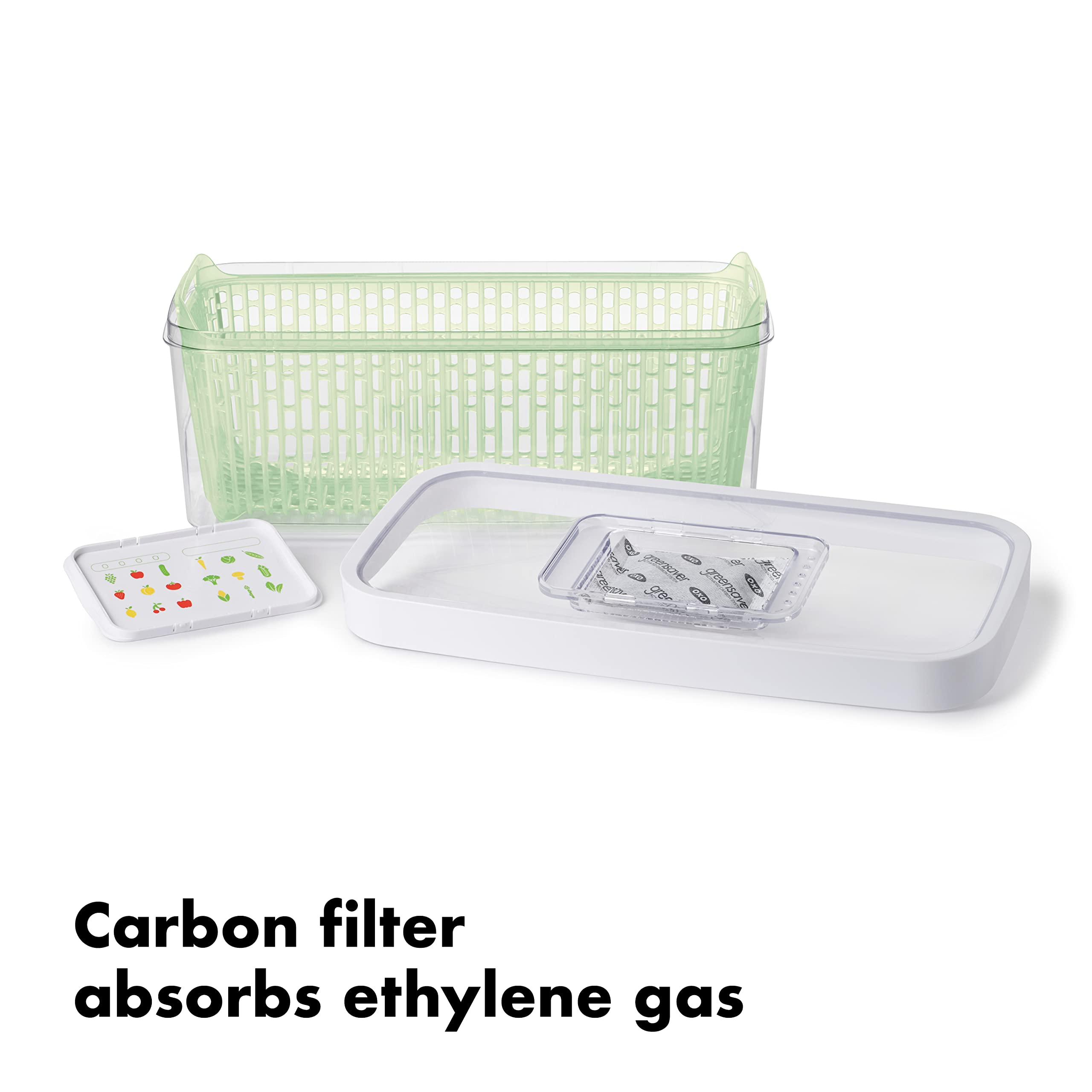 OXO GreenSaver Produce Keeper interior view highlights elevated basket design