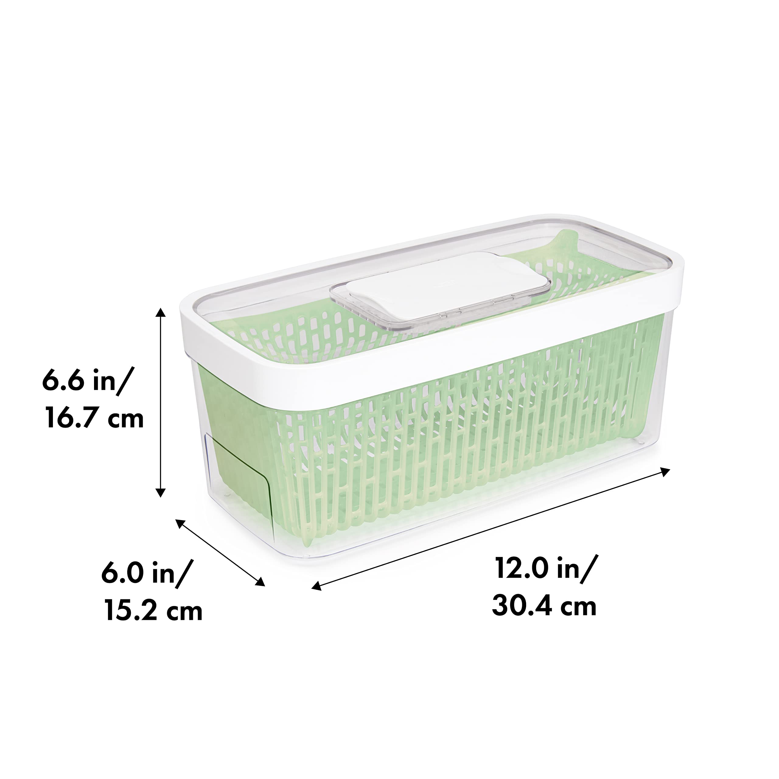 OXO GreenSaver Produce Keeper lid open demonstrates adjustable humidity control