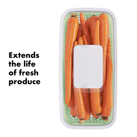 OXO GreenSaver Produce Keeper with removable basket promoting airflow inside