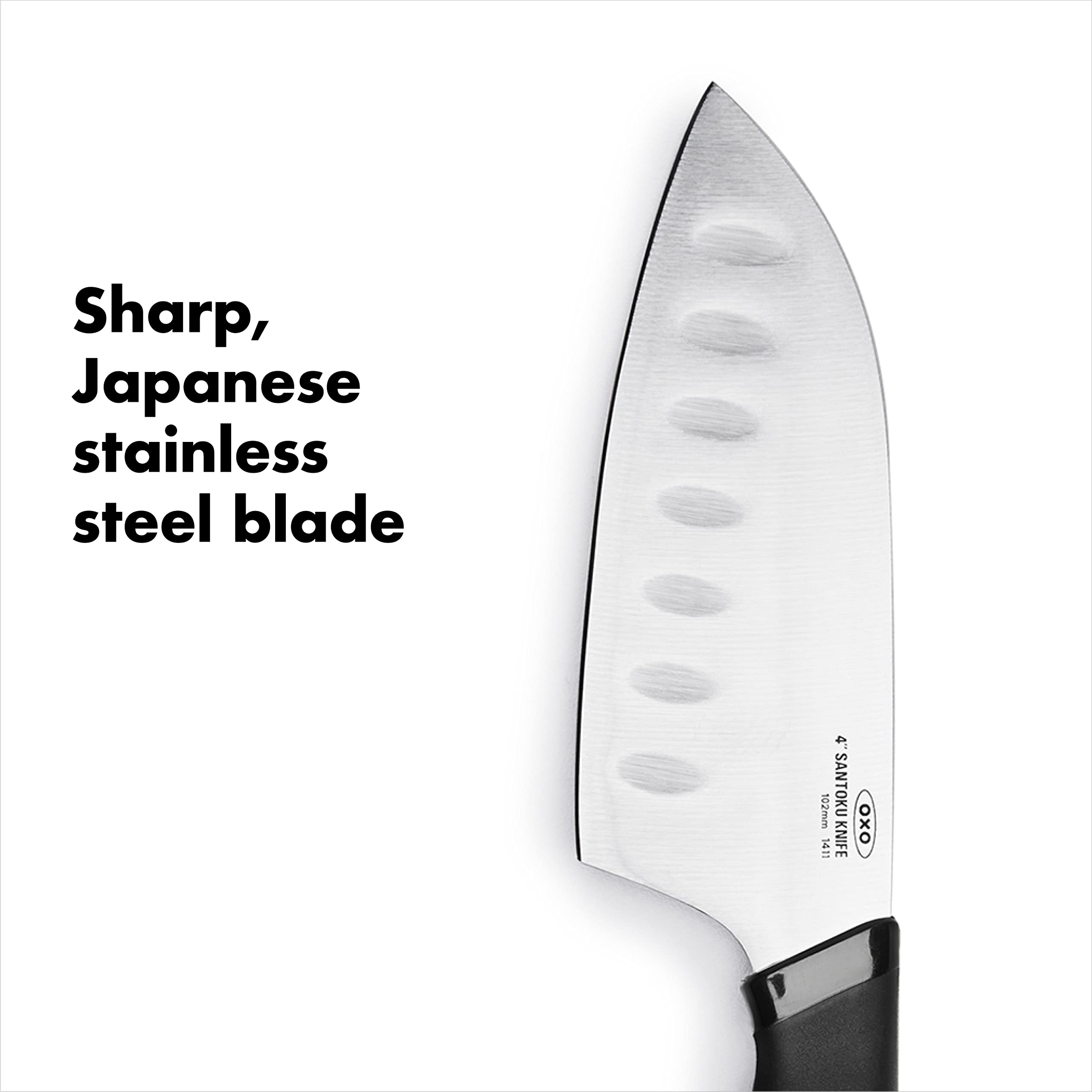 Close-up of the sharp edge on the 4-inch Japanese stainless blade.