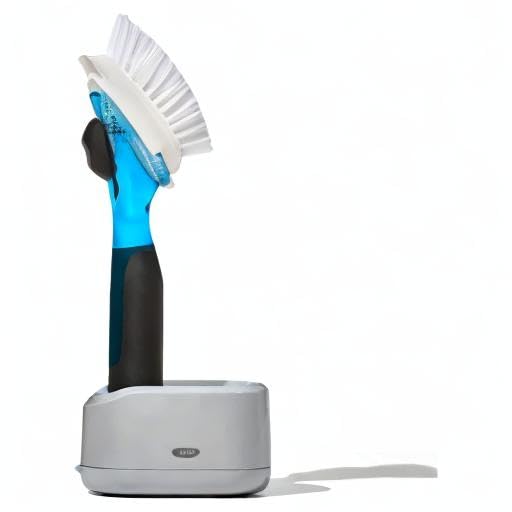 Non-stick cookware-safe bristles from OXO brush support gentle cleaning.