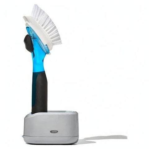 Non-stick cookware-safe bristles from OXO brush support gentle cleaning.