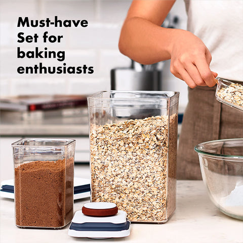 OXO POP containers neatly organized with flour, sugar, and chips on shelf.