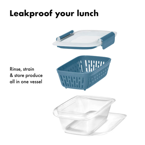 Removable basket used to rinse berries before storage in Ocean Blue container.