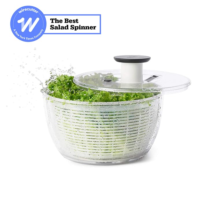 OXO salad spinner lid shown for secure, quick sealing