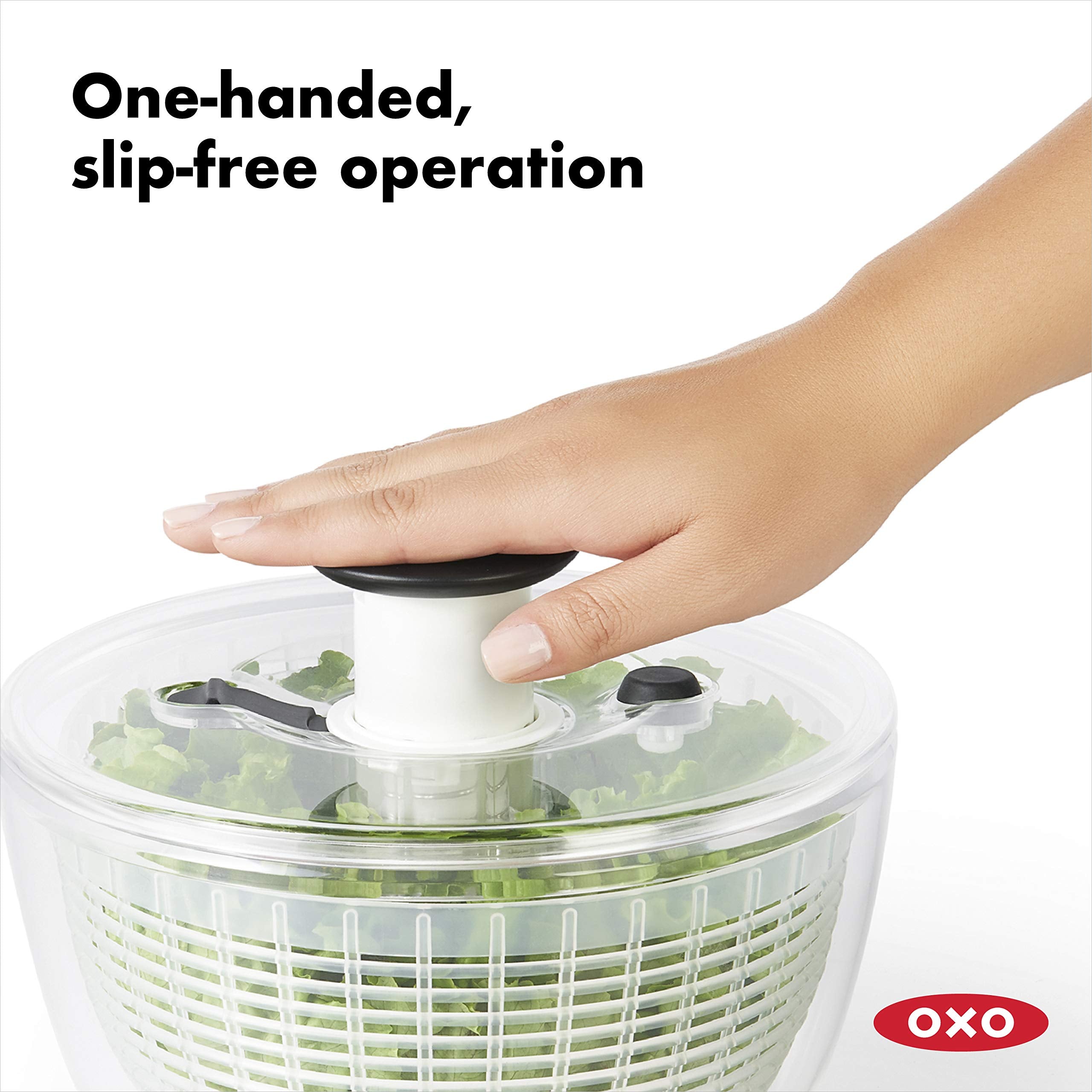 OXO salad spinner mechanism with easy-grip handle for smooth drying