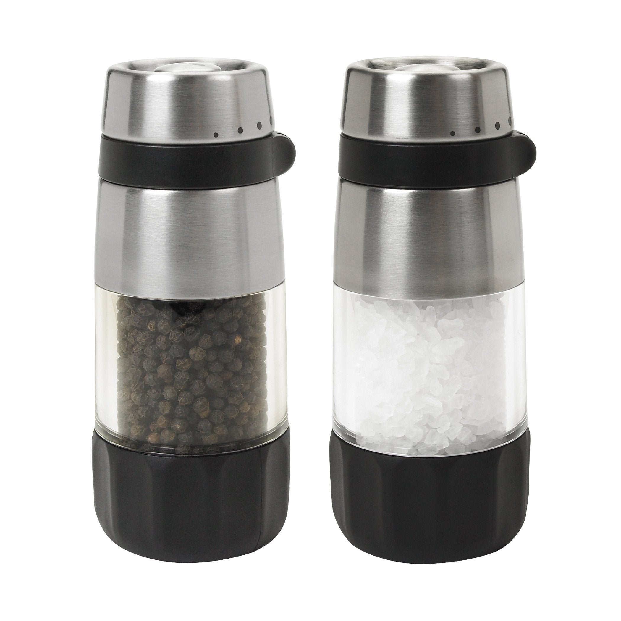 OXO salt grinder top view showing clean design and easy refill capability