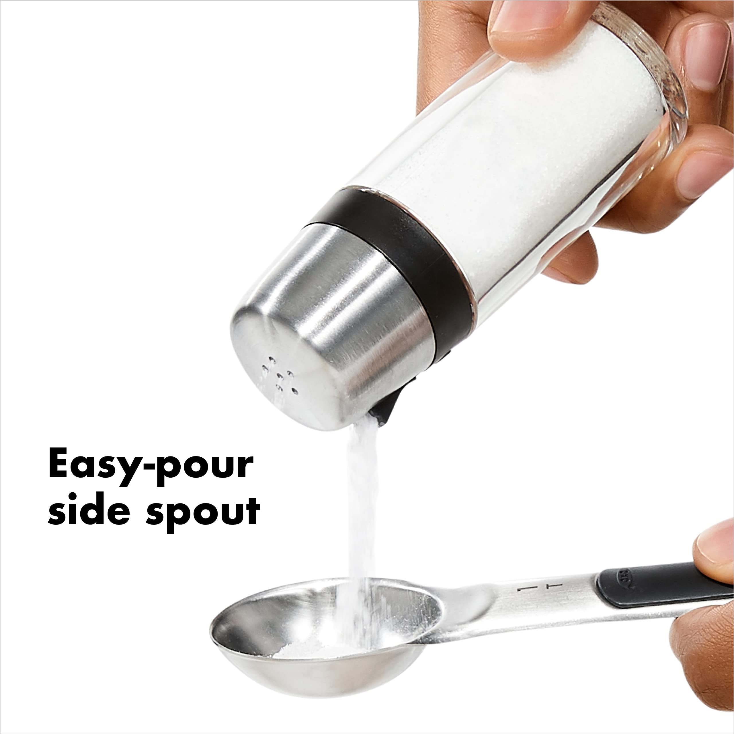OXO salt and pepper shakers clear body shows fill level